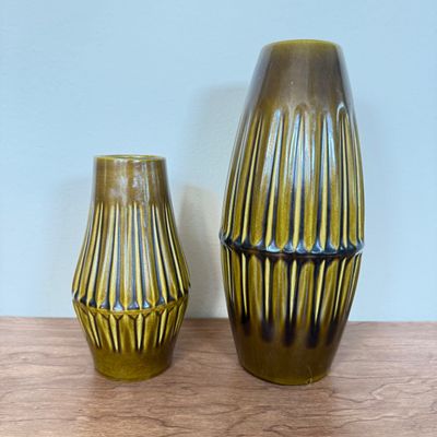 LOT 25F: Pair of MCM Bay Keramik West German Pottery Ribbed Vases, #597-17 & 586-25