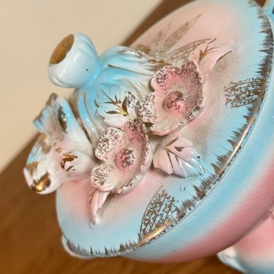 LOT 54F: Vintage 1950s Hand Painted Betson Pink & Blue Compote Candy Dish