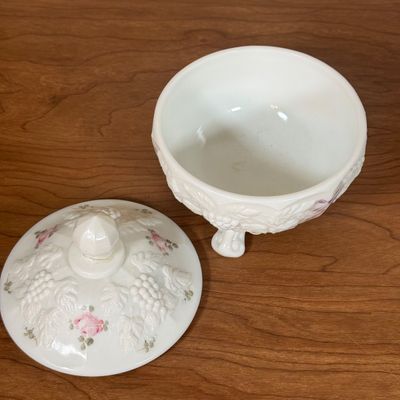 LOT 20F: 1950s/60s Westmoreland Hand Painted Milk Glass: Footed Round Trinket Dish & Square Pedestal "Wedding Cake"...