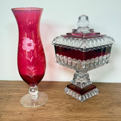 LOT 12F: 1950s Westmoreland Glass Cranberry/Ruby Flash Square Wedding Box & Vintage Cranberry Bohemian Glass Flash Cut-to-Clear Tulip...