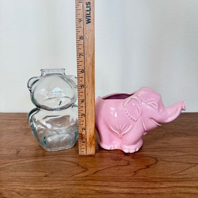 LOT 13F: Vintage Anchor Hocking Glass Bear Coin Bank & MCM Pink Elephant Planter