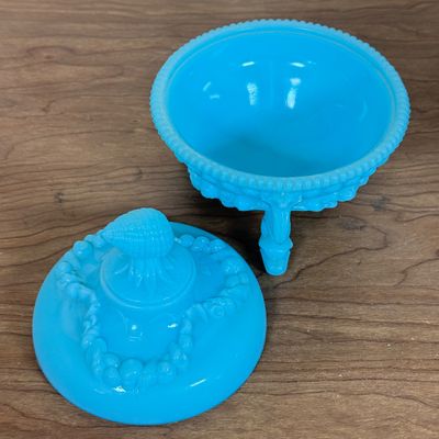 LOT 42F: Vintage French Blue Opaline Milk Glass Argonaut Shell Covered Candy Dish