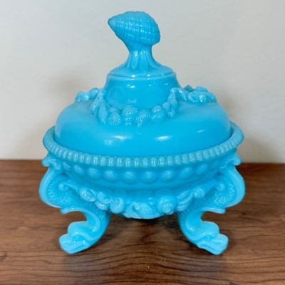 LOT 42F: Vintage French Blue Opaline Milk Glass Argonaut Shell Covered Candy Dish