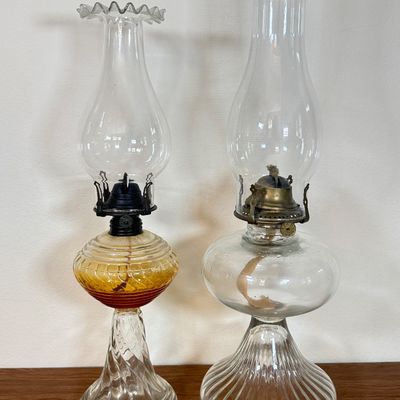 LOT 21F: Pair of Vintage Glass Hurricane Oil Lamps