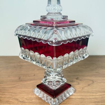 LOT 12F: 1950s Westmoreland Glass Cranberry/Ruby Flash Square Wedding Box & Vintage Cranberry Bohemian Glass Flash Cut-to-Clear Tulip...