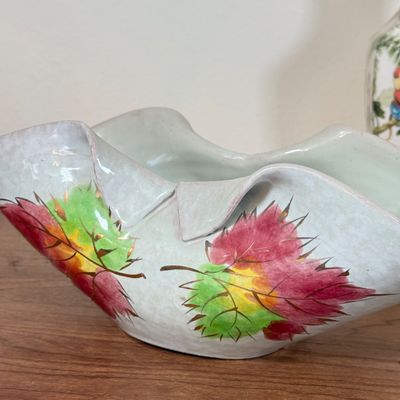 LOT 55F: Vintage Pottery: Yellow Haeger Ruffle Edge Bowl, Burton & Burton Jungle Vase & Hand Painted Fold Edge Bowl w Leaves