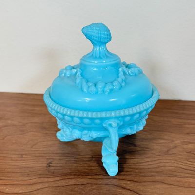 LOT 42F: Vintage French Blue Opaline Milk Glass Argonaut Shell Covered Candy Dish