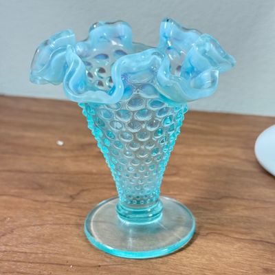 LOT 164F: Vintage Ruffle Edge Hobnail Glass Vases & Green Apothecary Decanter