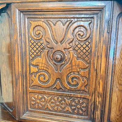 LOT 23F: 1920s/30s English Jacobean Revival/Tudor Style Carved Oak Bar Cabinet