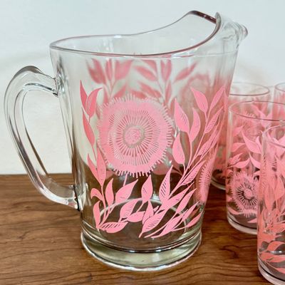 LOT 41F: Mid-Century Glass Pink Floral Pattern Pitcher & 6 Matching Glasses