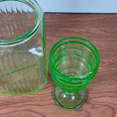 LOT 130F: Vintage Hand Blown Uranium Glass Jar & Goblet