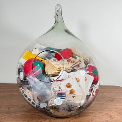LOT 150F: Glass Terrarium Vase FULL of Tomato Pin Cushions, Buttons & More