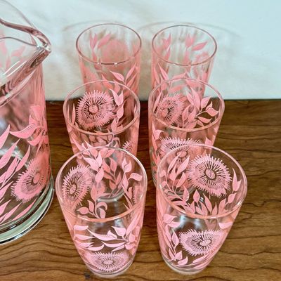 LOT 41F: Mid-Century Glass Pink Floral Pattern Pitcher & 6 Matching Glasses