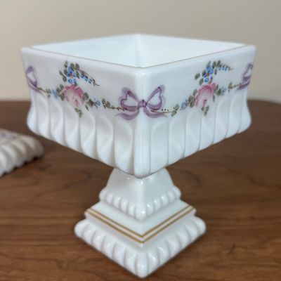 LOT 20F: 1950s/60s Westmoreland Hand Painted Milk Glass: Footed Round Trinket Dish & Square Pedestal "Wedding Cake"...