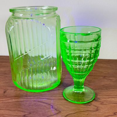 LOT 130F: Vintage Hand Blown Uranium Glass Jar & Goblet