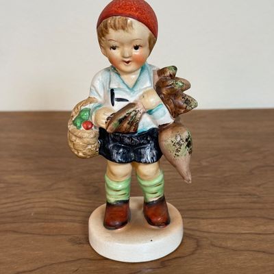 LOT 26F: Vintage Hummel-Style Porcelain Figurines: Alpine Children F449, Astrologer SH3F, Boy w Basket marked Japan & Repaired Boy w...