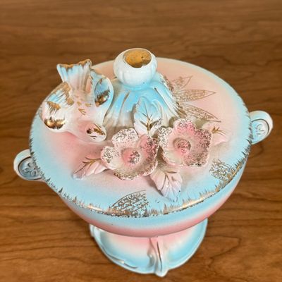 LOT 54F: Vintage 1950s Hand Painted Betson Pink & Blue Compote Candy Dish