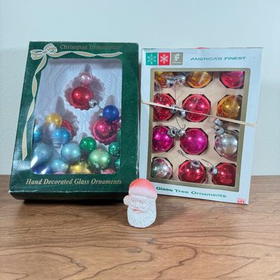 LOT 147F: Vintage Celluloid Santa Head & Vintage Glass Christmas Ornaments: Shiny Brite & More