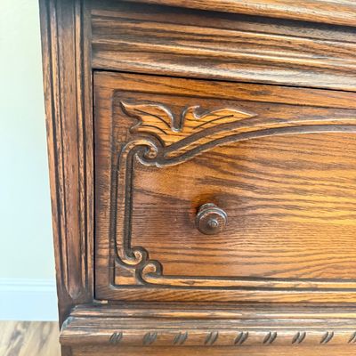 LOT 23F: 1920s/30s English Jacobean Revival/Tudor Style Carved Oak Bar Cabinet