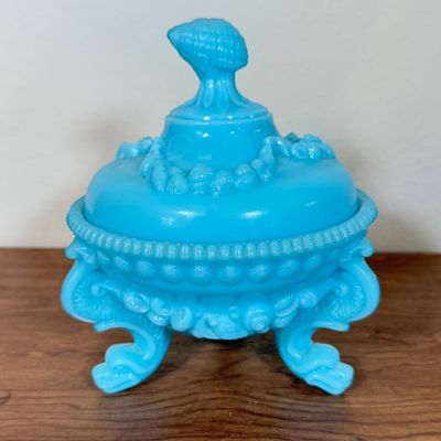 LOT 42F: Vintage French Blue Opaline Milk Glass Argonaut Shell Covered Candy Dish