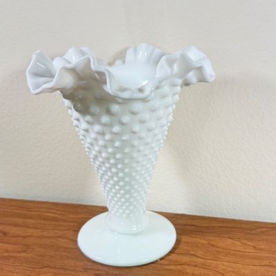 LOT 164F: Vintage Ruffle Edge Hobnail Glass Vases & Green Apothecary Decanter