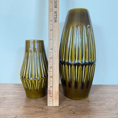 LOT 25F: Pair of MCM Bay Keramik West German Pottery Ribbed Vases, #597-17 & 586-25