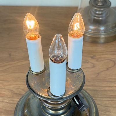LOT 17F: Pair of Vintage Triple Light Chapman Style Brass & Glass Lamps