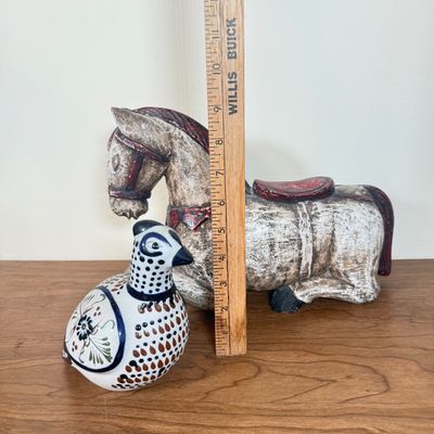LOT 22F: Vintage Folk Art Pieces: Tolalá, Mexico Signed Pottery Bird & Hand Carved Wooden Horse