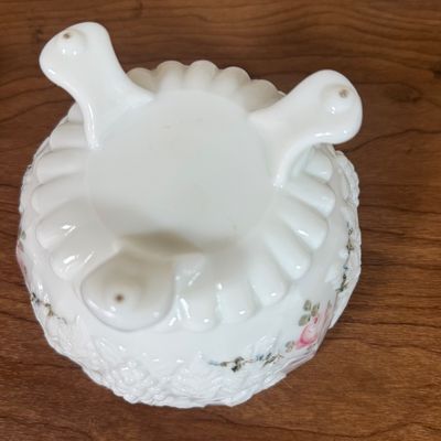 LOT 20F: 1950s/60s Westmoreland Hand Painted Milk Glass: Footed Round Trinket Dish & Square Pedestal "Wedding Cake"...