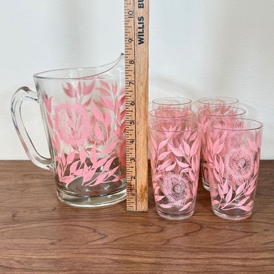 LOT 41F: Mid-Century Glass Pink Floral Pattern Pitcher & 6 Matching Glasses