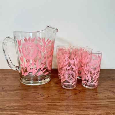 LOT 41F: Mid-Century Glass Pink Floral Pattern Pitcher & 6 Matching Glasses