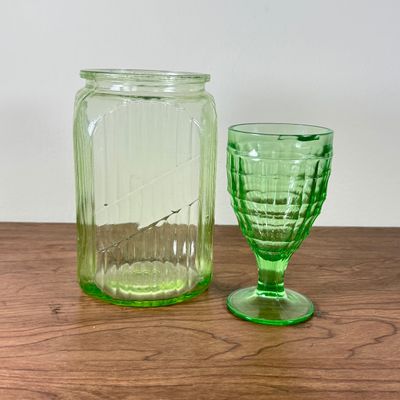 LOT 130F: Vintage Hand Blown Uranium Glass Jar & Goblet