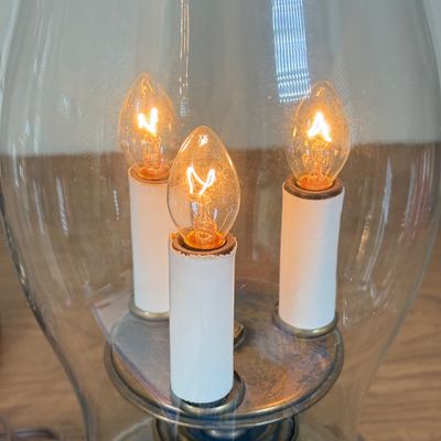 LOT 17F: Pair of Vintage Triple Light Chapman Style Brass & Glass Lamps