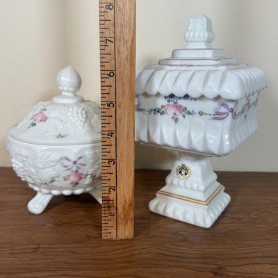 LOT 20F: 1950s/60s Westmoreland Hand Painted Milk Glass: Footed Round Trinket Dish & Square Pedestal "Wedding Cake"...