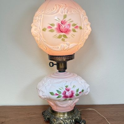 LOT 14F: 1940s Gone with the Wind Style Victorian Pink & White Floral Parlor Lamp