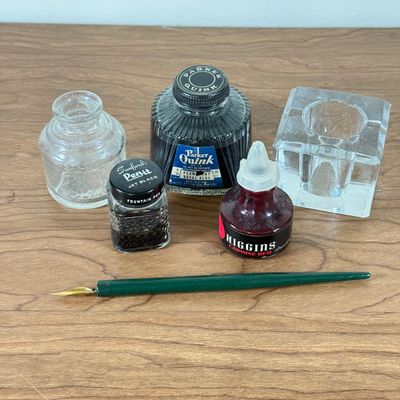LOT 133F: Vintage Ink Wells, Jars of Ink & Fountain Pen