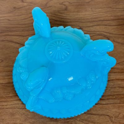 LOT 42F: Vintage French Blue Opaline Milk Glass Argonaut Shell Covered Candy Dish