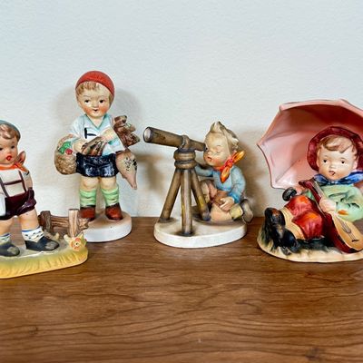 LOT 26F: Vintage Hummel-Style Porcelain Figurines: Alpine Children F449, Astrologer SH3F, Boy w Basket marked Japan & Repaired Boy w...