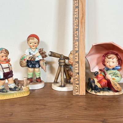 LOT 26F: Vintage Hummel-Style Porcelain Figurines: Alpine Children F449, Astrologer SH3F, Boy w Basket marked Japan & Repaired Boy w...