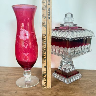 LOT 12F: 1950s Westmoreland Glass Cranberry/Ruby Flash Square Wedding Box & Vintage Cranberry Bohemian Glass Flash Cut-to-Clear Tulip...