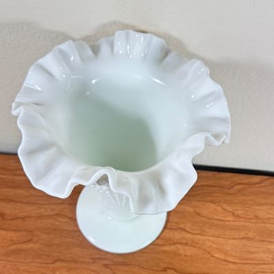 LOT 164F: Vintage Ruffle Edge Hobnail Glass Vases & Green Apothecary Decanter