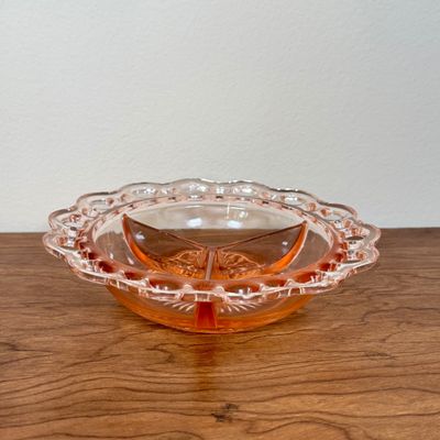 LOT 3F: Vintage Pink Depression Glass: Anchor Hocking Old Colony Round Relish Dish, Jeanette Cubist Sugar Bowl & Creamer