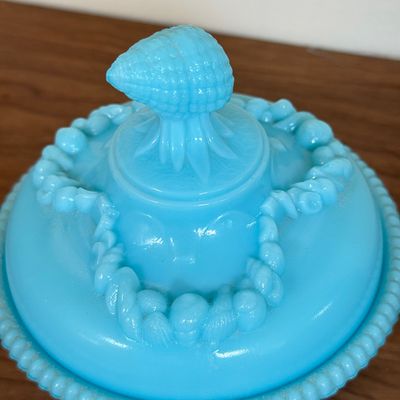 LOT 42F: Vintage French Blue Opaline Milk Glass Argonaut Shell Covered Candy Dish