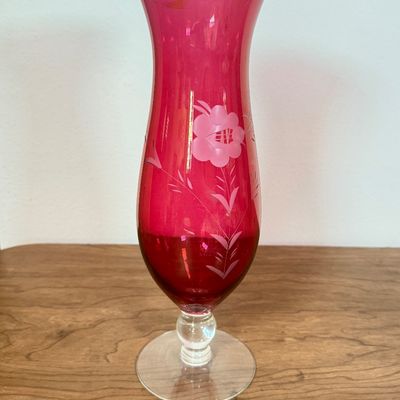 LOT 12F: 1950s Westmoreland Glass Cranberry/Ruby Flash Square Wedding Box & Vintage Cranberry Bohemian Glass Flash Cut-to-Clear Tulip...