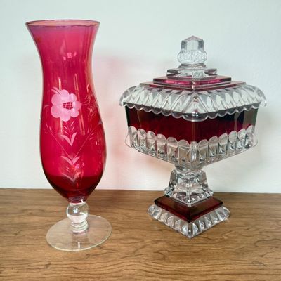 LOT 12F: 1950s Westmoreland Glass Cranberry/Ruby Flash Square Wedding Box & Vintage Cranberry Bohemian Glass Flash Cut-to-Clear Tulip...