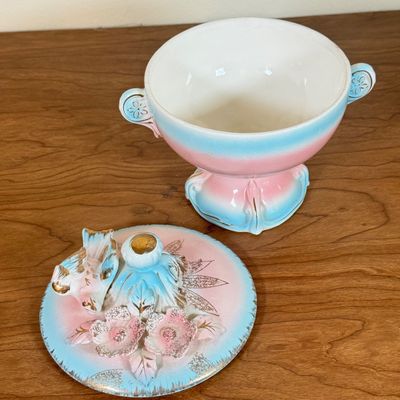 LOT 54F: Vintage 1950s Hand Painted Betson Pink & Blue Compote Candy Dish