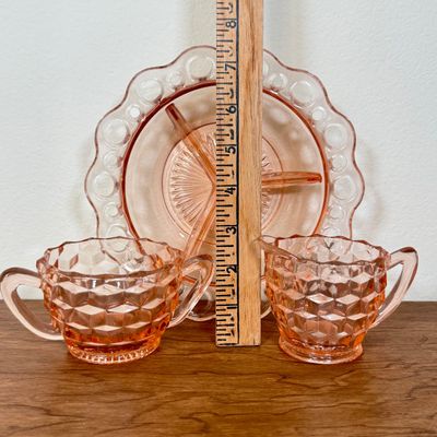 LOT 3F: Vintage Pink Depression Glass: Anchor Hocking Old Colony Round Relish Dish, Jeanette Cubist Sugar Bowl & Creamer