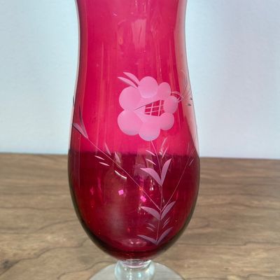 LOT 12F: 1950s Westmoreland Glass Cranberry/Ruby Flash Square Wedding Box & Vintage Cranberry Bohemian Glass Flash Cut-to-Clear Tulip...