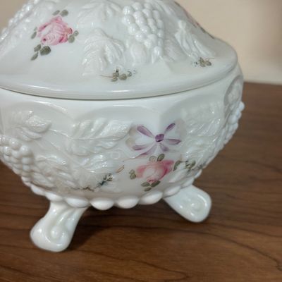 LOT 20F: 1950s/60s Westmoreland Hand Painted Milk Glass: Footed Round Trinket Dish & Square Pedestal "Wedding Cake"...