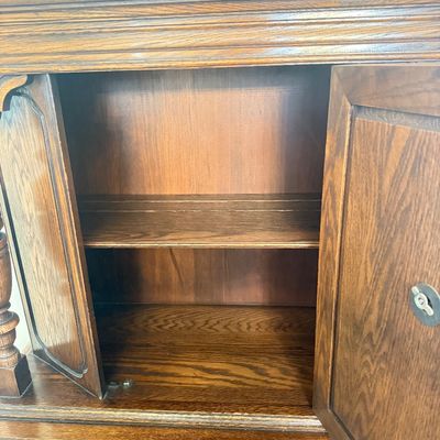 LOT 23F: 1920s/30s English Jacobean Revival/Tudor Style Carved Oak Bar Cabinet